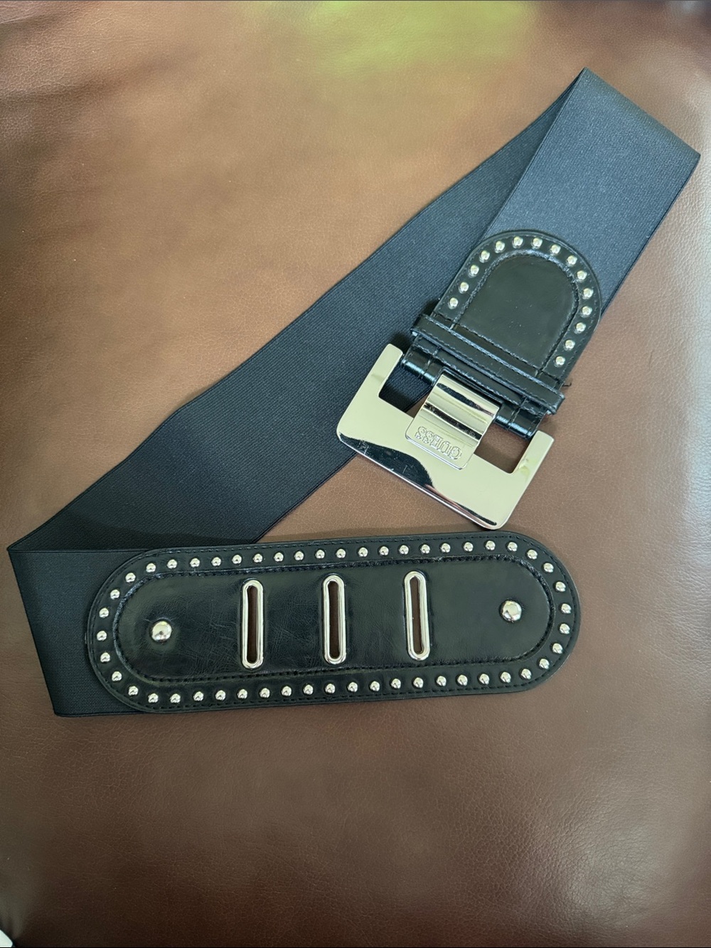 GUESS Black Studded Elastic Belt with Silver Buckle - Picture 2 of 6
